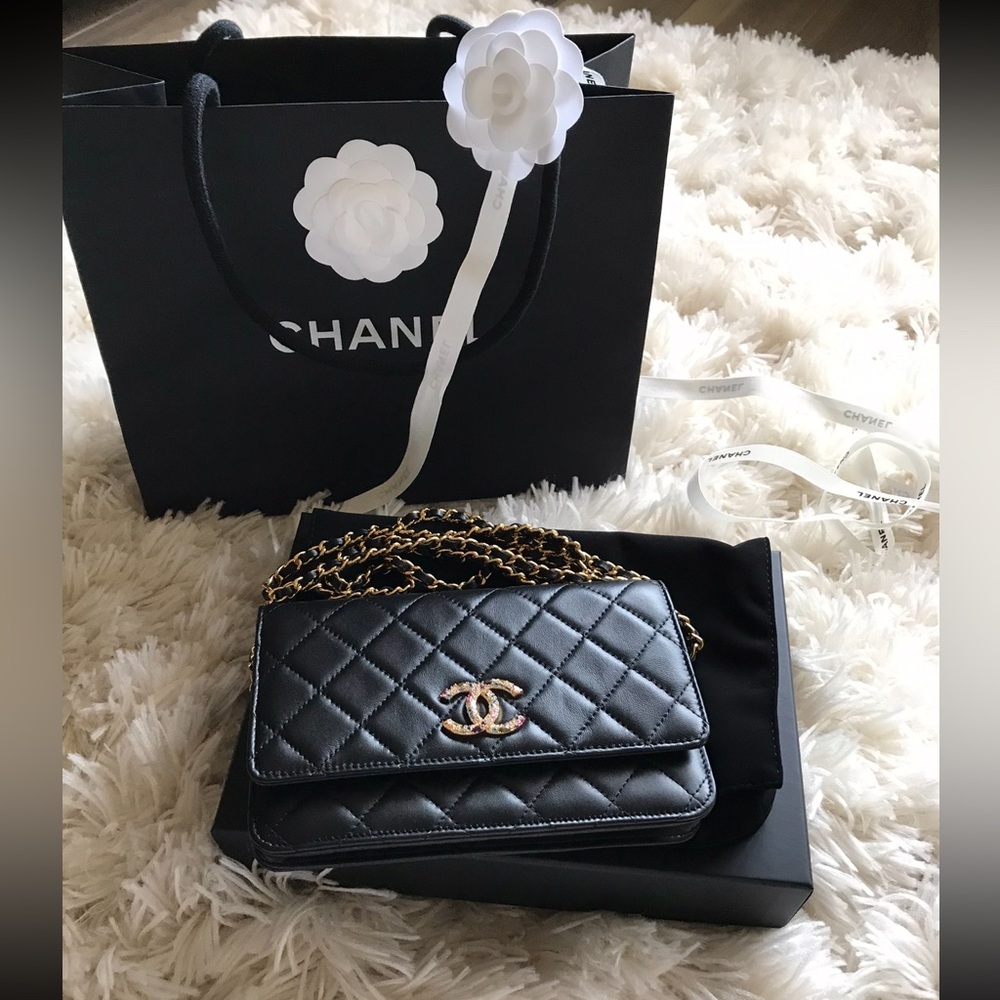 Gorgeous Chanel Lambskin Quilted WOC with Gold Chain & Multicolored Crystal CC